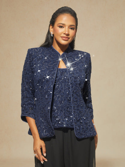 Paisley Lace Mandarin Collar Twinset with Rhinestone