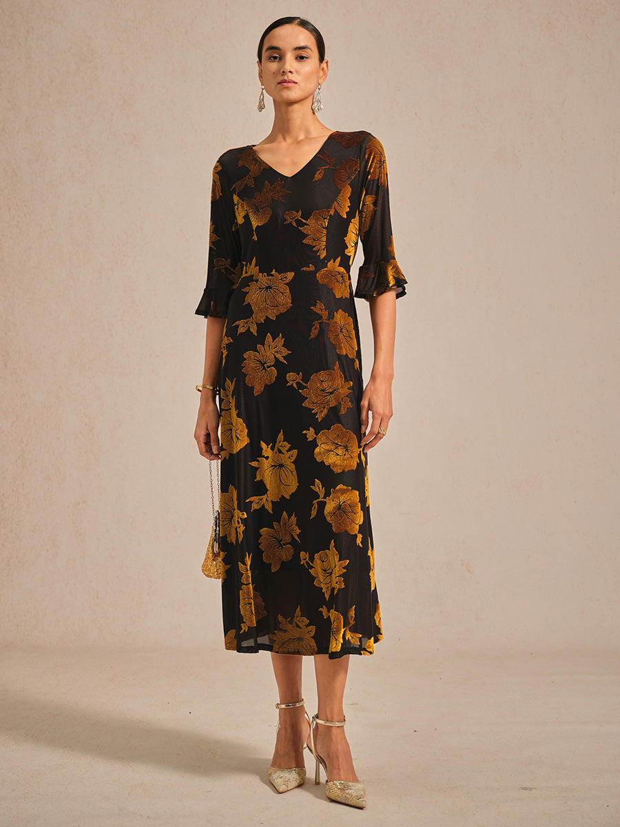 Floral Velvet A-Line Dress with Flutter Sleeves