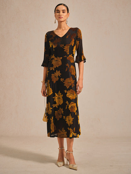 Floral Velvet A-Line Dress with Flutter Sleeves