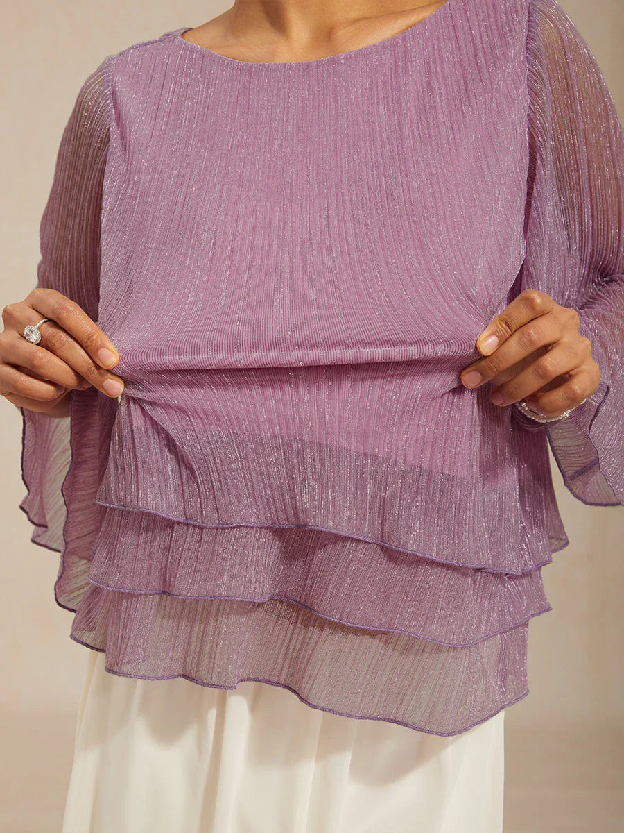 Asymmetrische Lagenbluse aus metallisch schimmerndem, plissiertem Chiffon