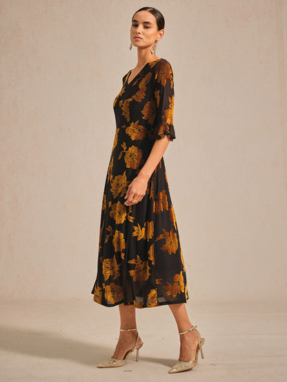 Floral Velvet A-Line Dress with Flutter Sleeves