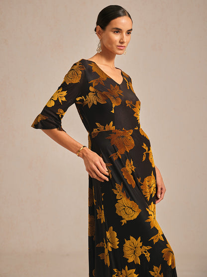 Floral Velvet A-Line Dress with Flutter Sleeves