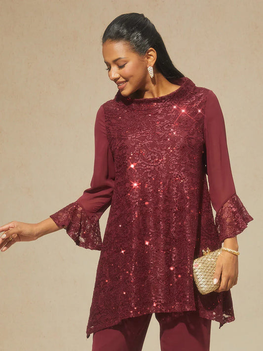 Lace Sequin Tunic Top with Ruffled Sleeves