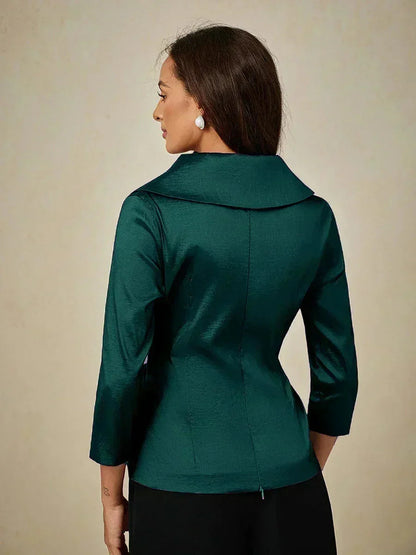 3/4 Sleeve Stretch Taffeta Blouse with Tie Waist Detail