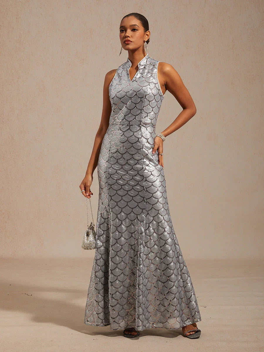 Sleeveless Fitted Mermaid Dress with Sequins