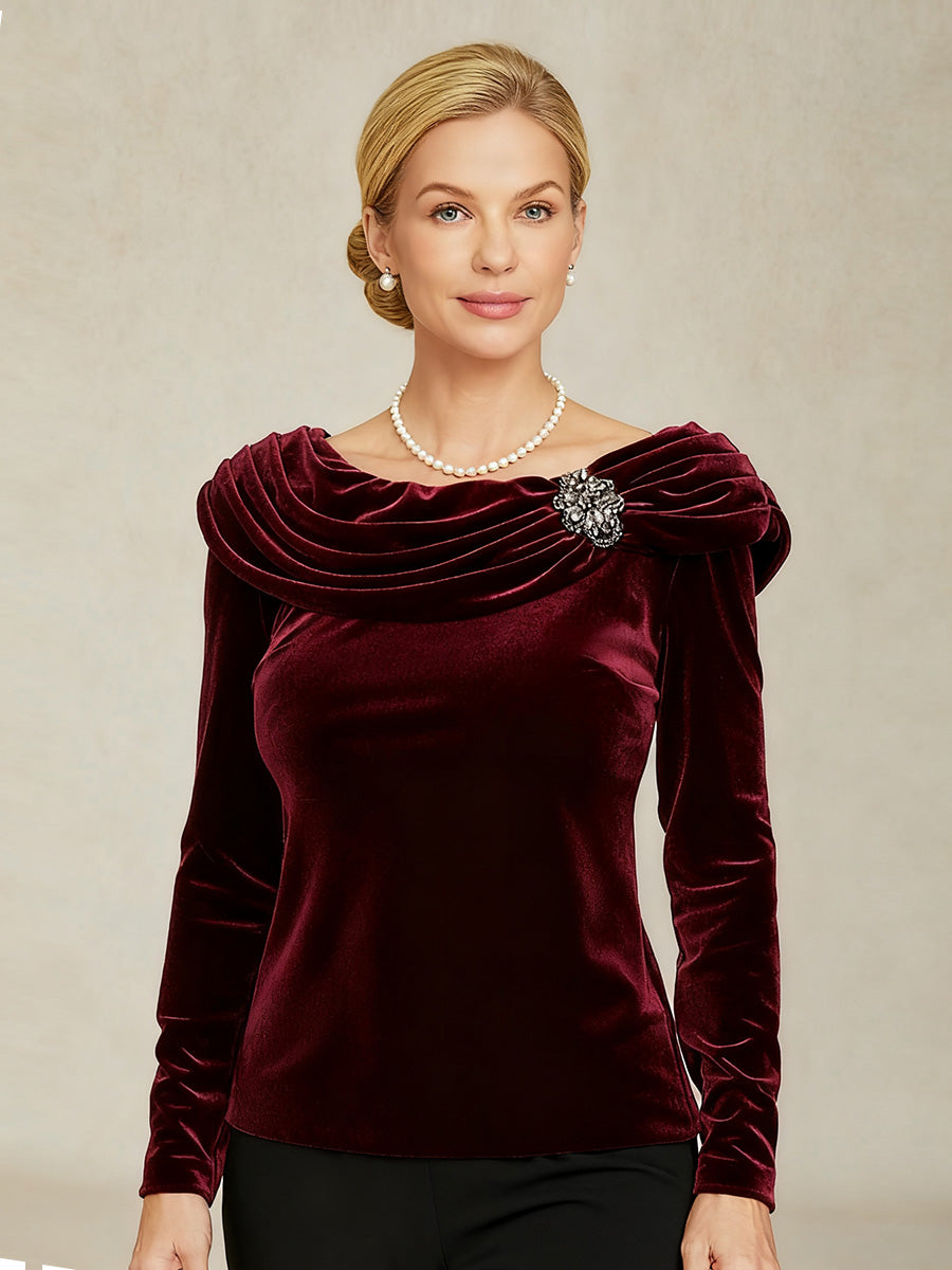 Long Sleeve Velvet Blouse with Ruched Collar