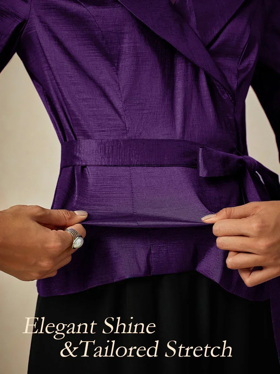 3/4 Sleeve Stretch Taffeta Blouse with Tie Waist Detail