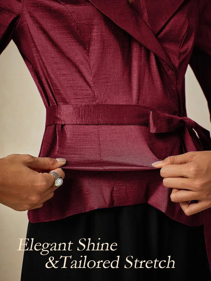 3/4 Sleeve Stretch Taffeta Blouse with Tie Waist Detail