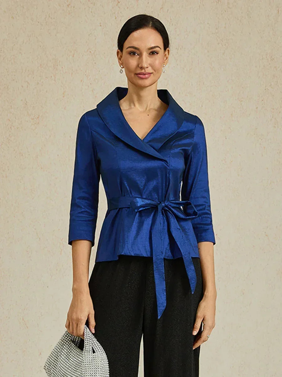 3/4 Sleeve Stretch Taffeta Blouse with Tie Waist Detail