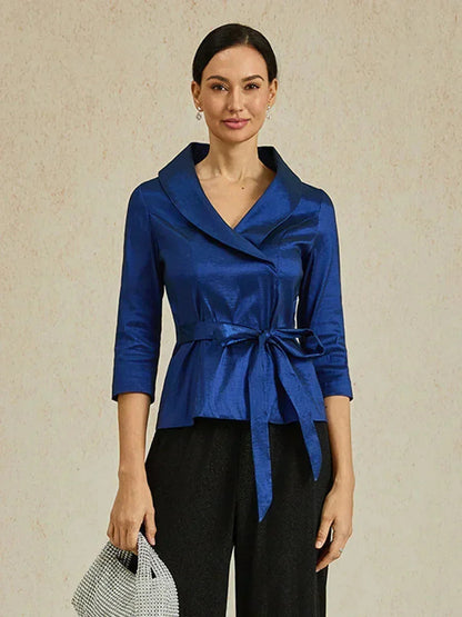 3/4 Sleeve Stretch Taffeta Blouse with Tie Waist Detail