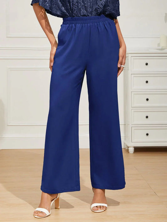 Mid-Rise Elastic Waist Wide-Leg Pants with Pockets