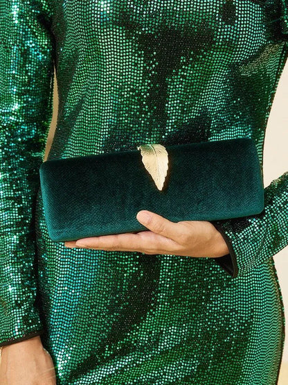 Velvet Clutch with Gold Feather