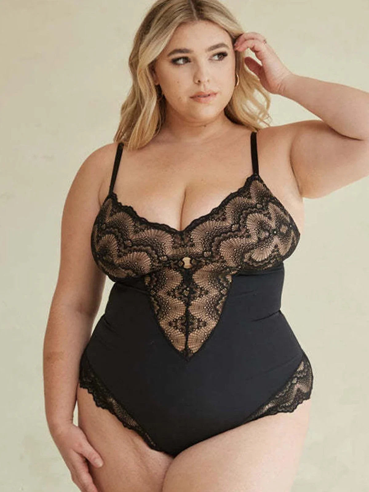 Lace Mesh Tummy Control Deep V Bodysuits