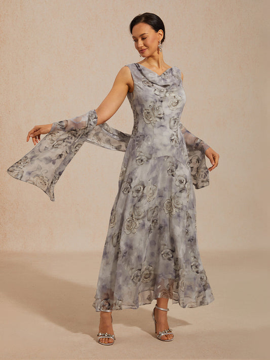 Floral Cowl Neck Tea-Length Dress with Flounce Hem