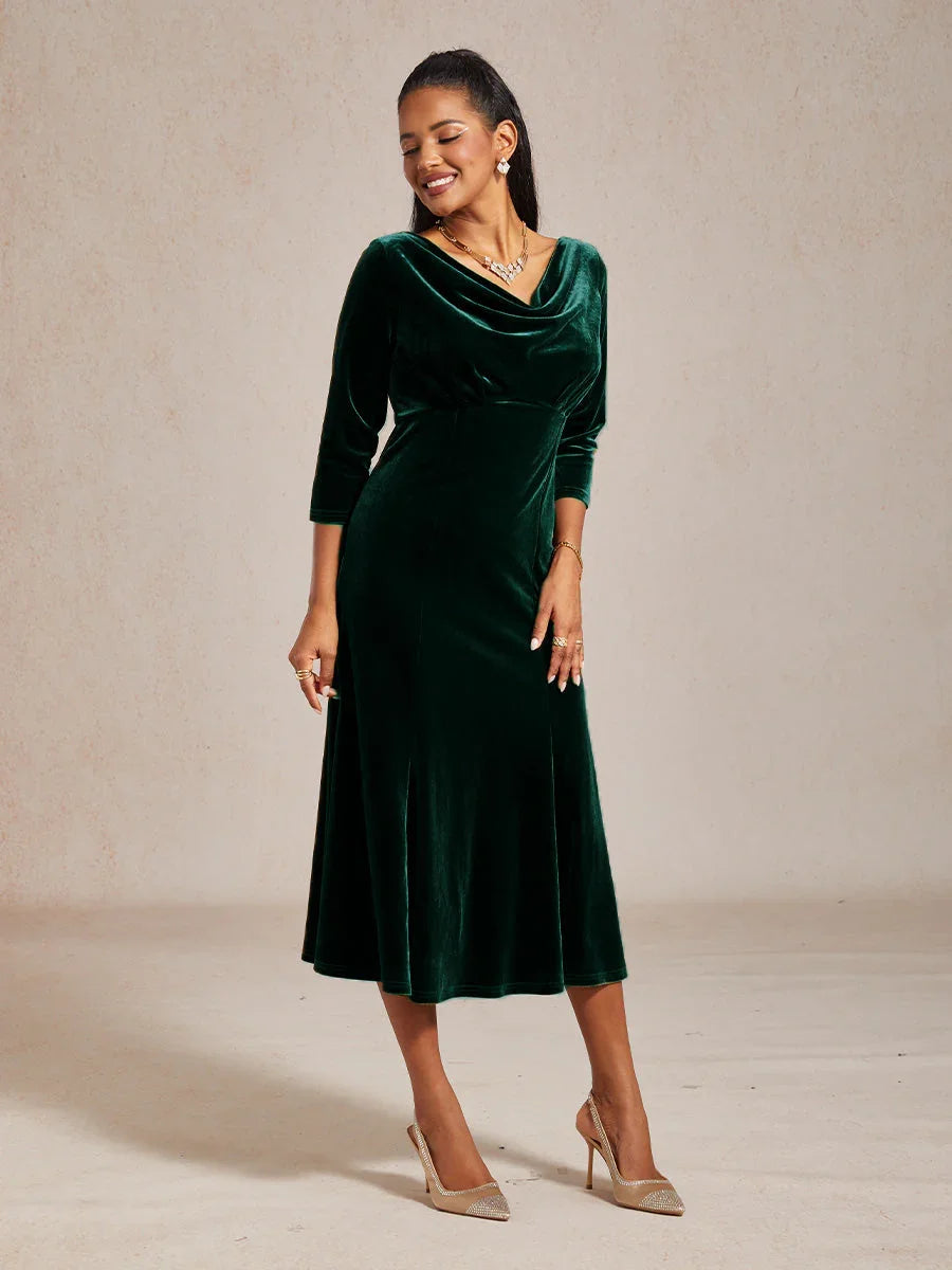 High-Stretch Velvet Sleeveless Midi Dress with Cowl Neck