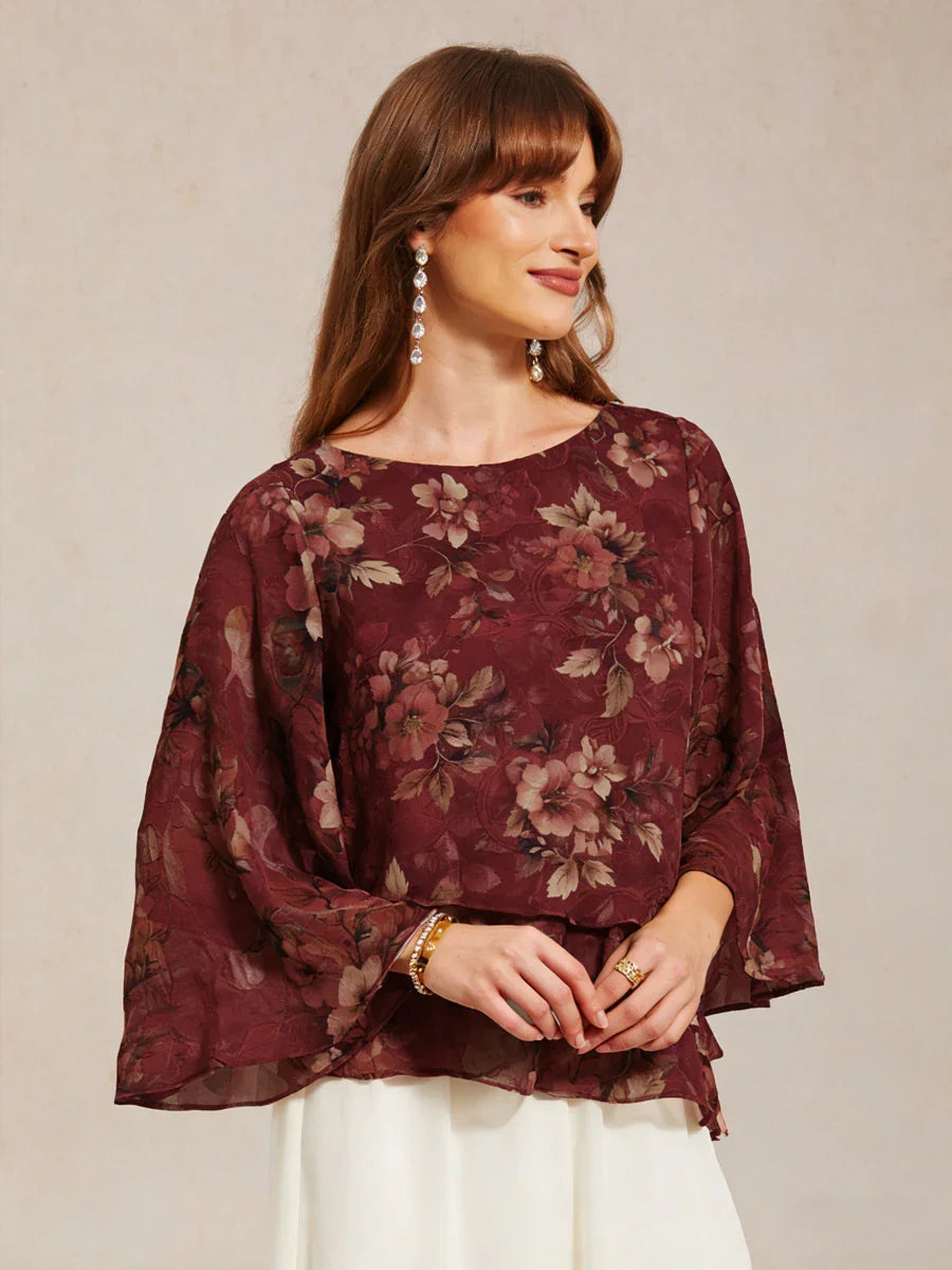 Lace Chiffon Layered Blouse with Floral Print