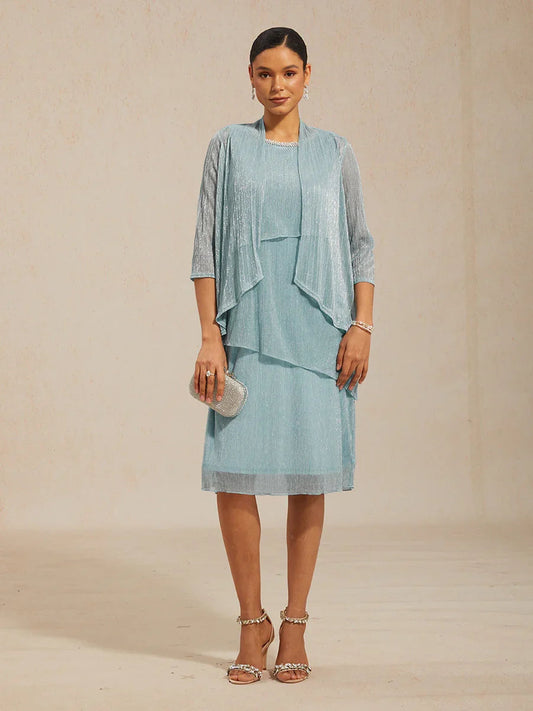 Metallic Pleated Chiffon Midi Dress with Beaded Round Neck