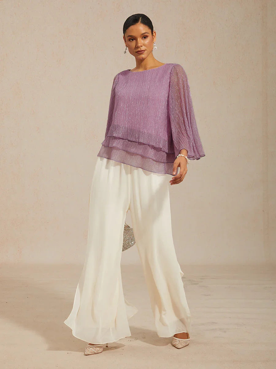 Asymmetrische Lagenbluse aus metallisch schimmerndem, plissiertem Chiffon