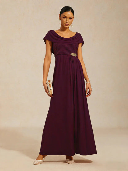 Draped Neck Jersey Evening Dress with Pleated Bodice