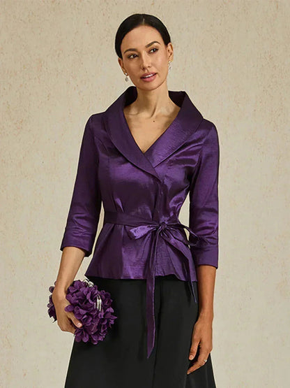 3/4 Sleeve Stretch Taffeta Blouse with Tie Waist Detail