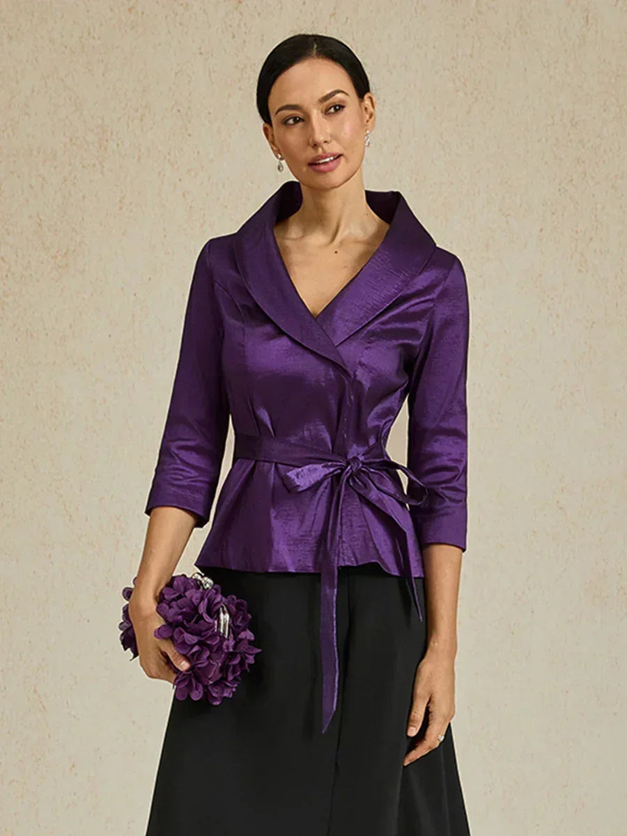 3/4 Sleeve Stretch Taffeta Blouse with Tie Waist Detail