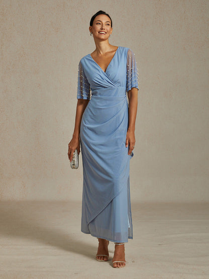 Elegant Formal Dress with Embellished Flutter Sleeves