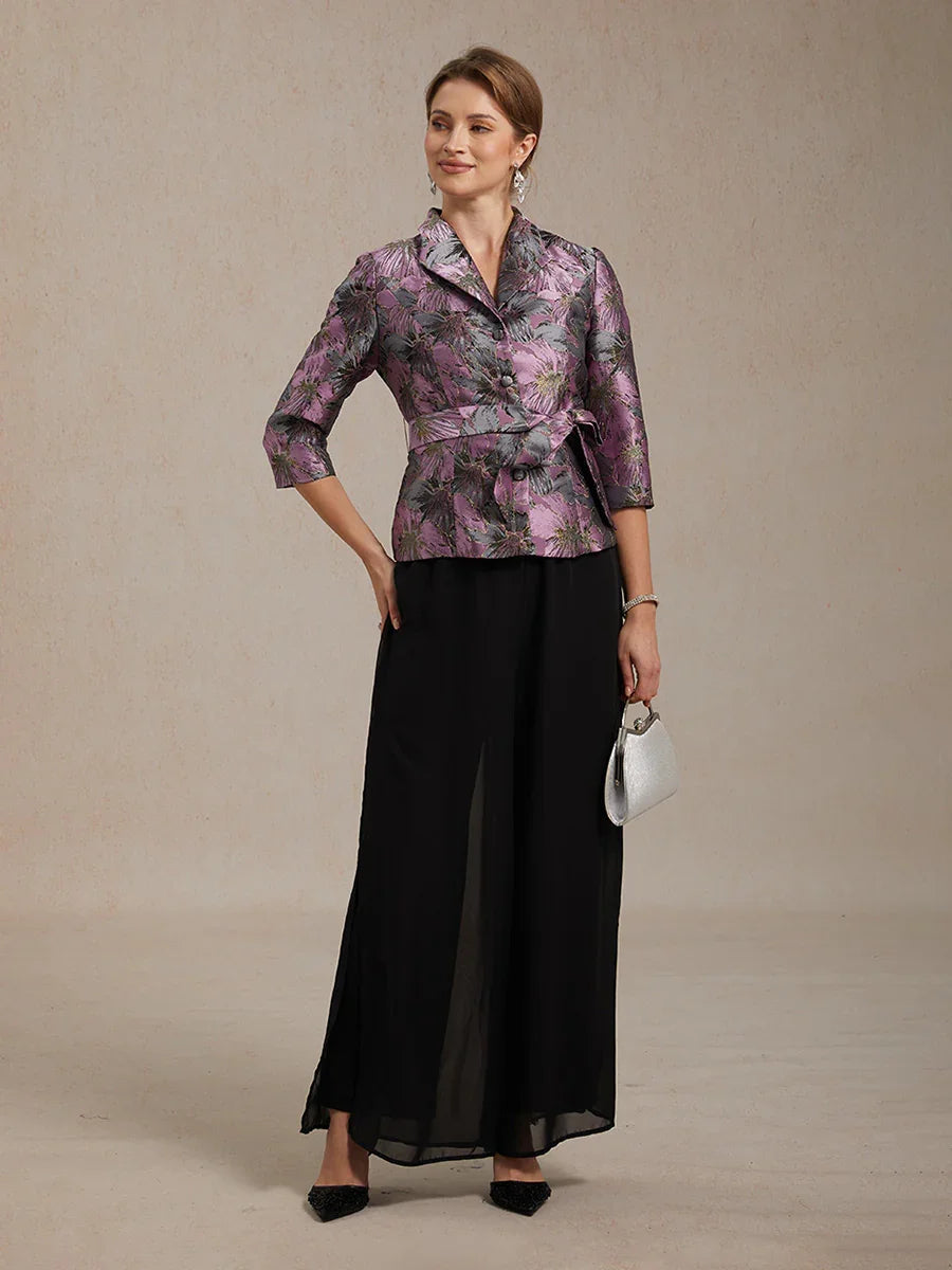 Dreiviertelärmelige Bluse mit floralem Jacquardmuster und Bindegürtel