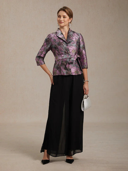 Dreiviertelärmelige Bluse mit floralem Jacquardmuster und Bindegürtel