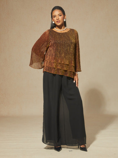 Metallic Pleated Chiffon Asymmetrical Layered Blouse