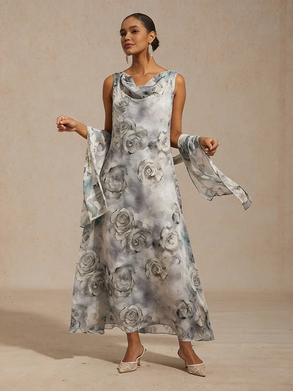 Floral Cowl Neck Tea-Length Dress with Flounce Hem