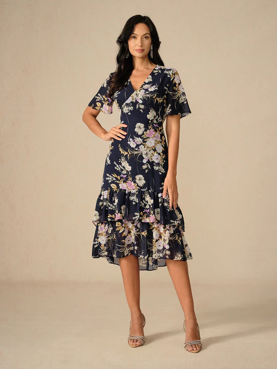 Floral Chiffon V Neck Ruffle Midi Dress