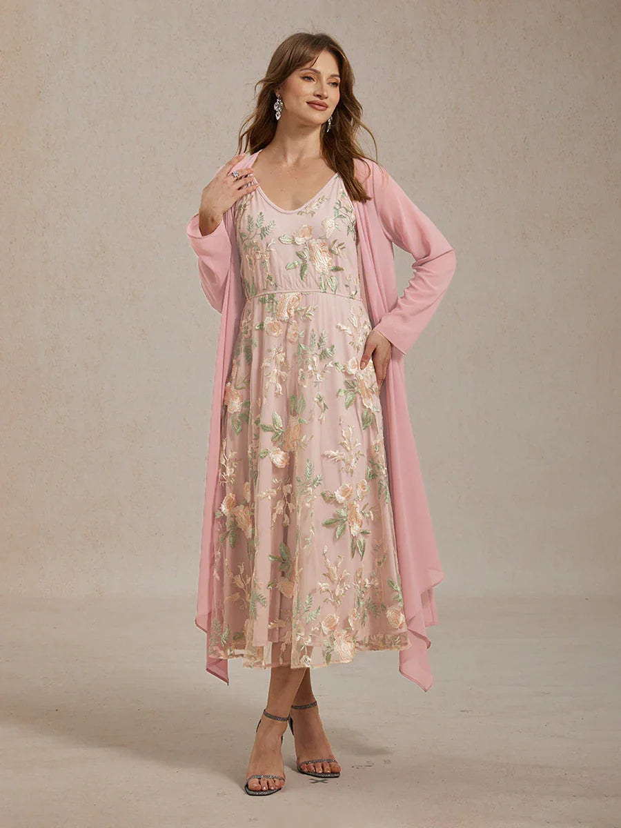 Chiffon-Kleid-Set mit bestickter Spitze