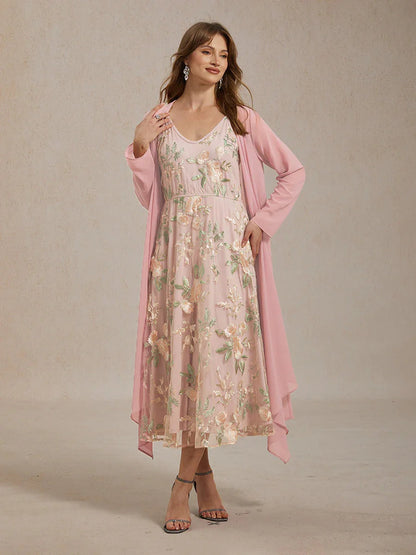 Chiffon-Kleid-Set mit bestickter Spitze