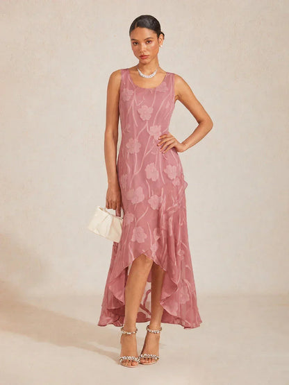 Floral Chiffon Sleeveless Evening Gown with Asymmetrical Hem