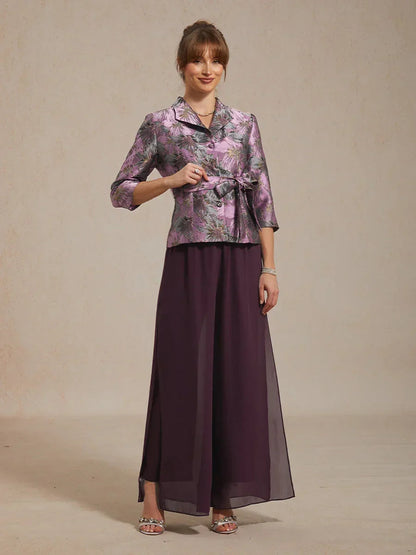Dreiviertelärmelige Bluse mit floralem Jacquardmuster und Bindegürtel