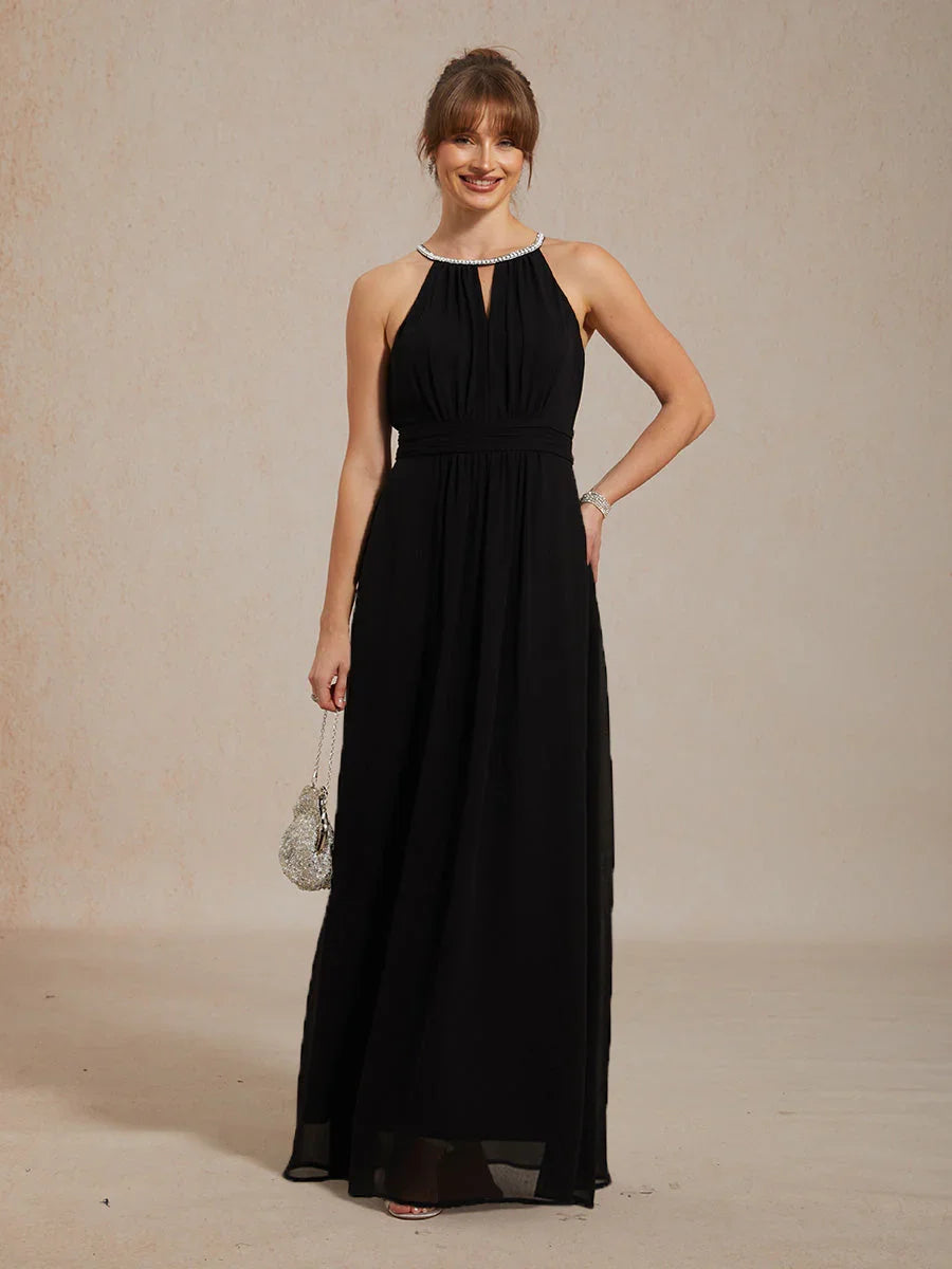 Chiffon Pearl Halter Neck Floor-Length Dress with Wrinkle Resistant chiffon