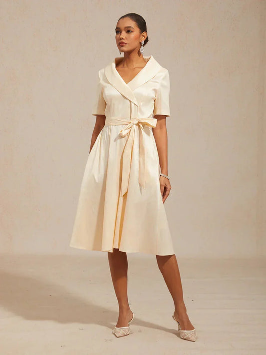 Collar Stretch Taffeta Dress with Tie Waist Belt