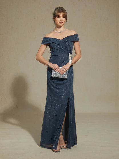 Off-Shoulder Floor-Length Gown with Rhinestone Detail