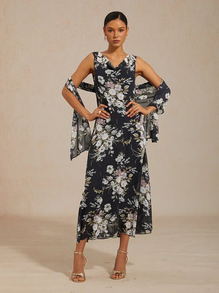 Robe longue à col bénitier et ourlet à volants