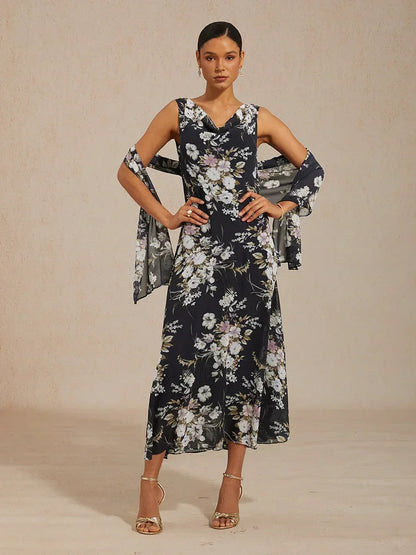Robe longue à col bénitier et ourlet à volants