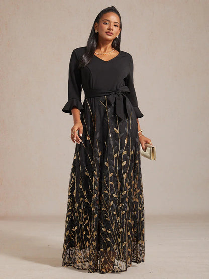 High-Waist A-Line Dress with Sequin Embroidery
