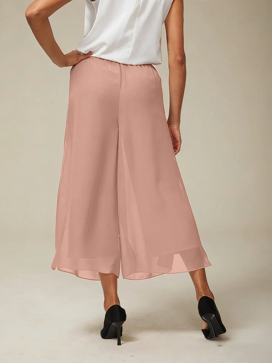 Cropped Length Straight Leg Pant With Chiffon Split Leg Overlay