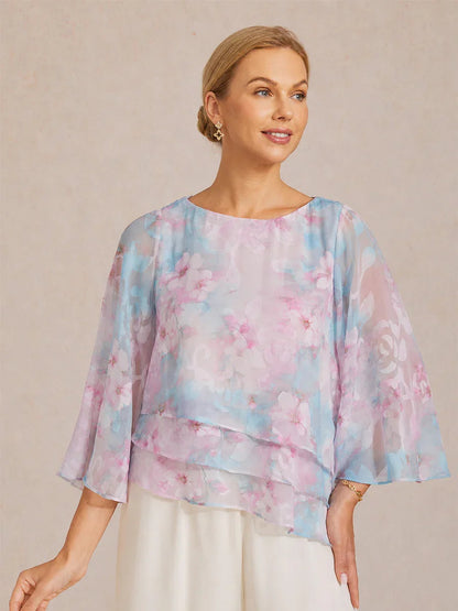 Lace Chiffon Layered Blouse with Floral Print