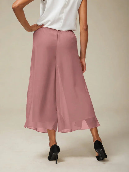 Cropped Length Straight Leg Pant With Chiffon Split Leg Overlay
