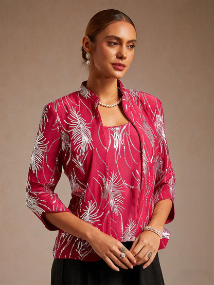 Elegant Mandarin Collar Sequin Twinset