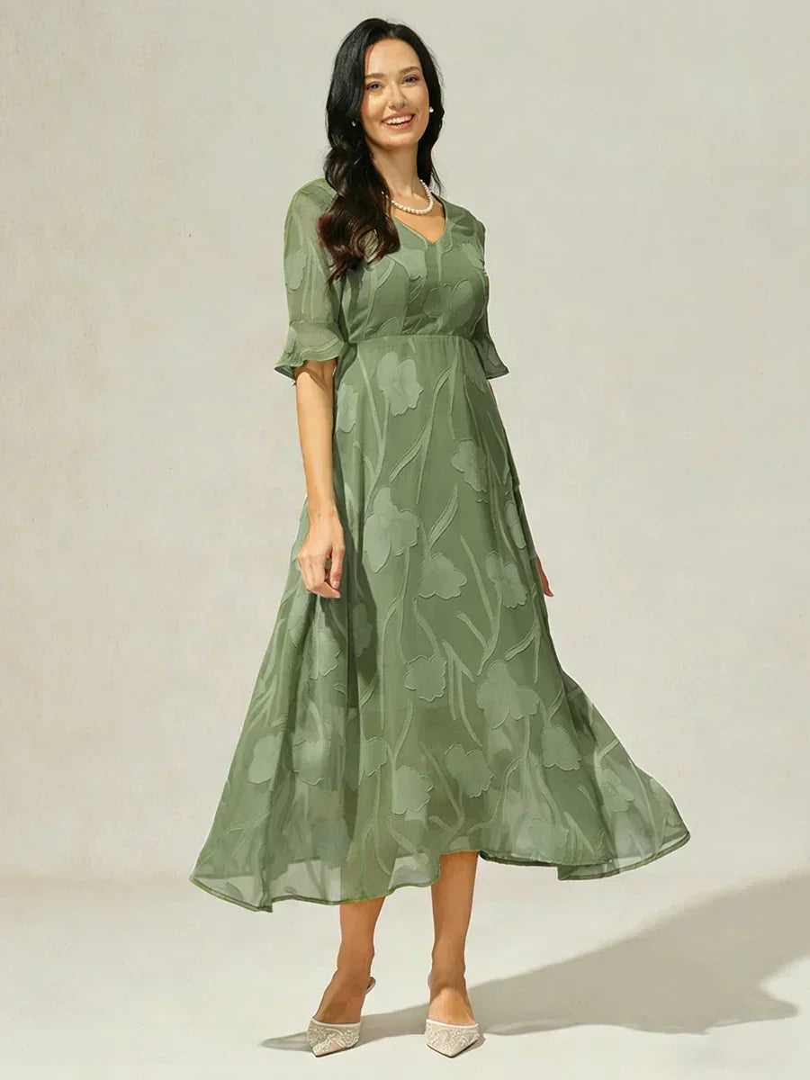 Ruffle Flutter Lace Midi Dress with Pockets