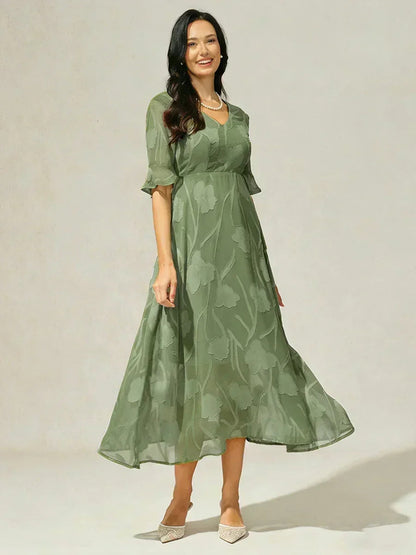Ruffle Flutter Lace Midi Dress with Pockets