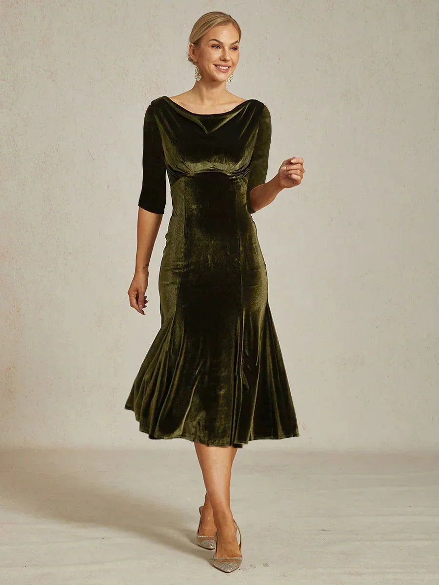High-Stretch Velvet Sleeveless Midi Dress with Cowl Neck