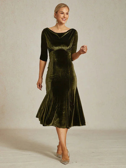 High-Stretch Velvet Sleeveless Midi Dress with Cowl Neck