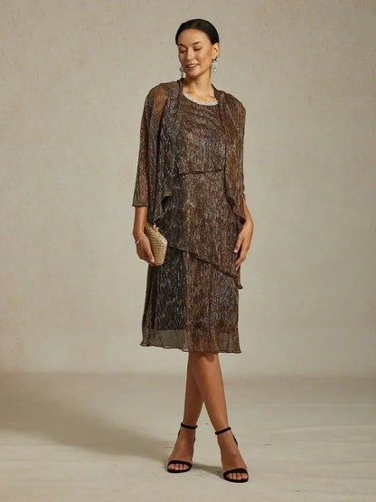 Metallic Pleated Chiffon Long Jacket with Layered Design
